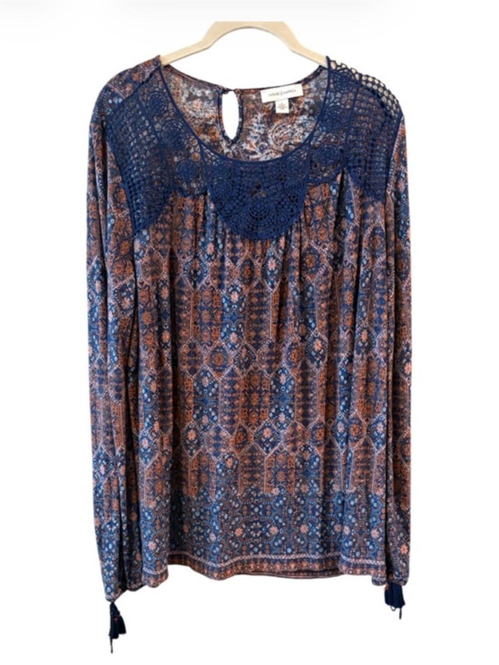 Vintage America Boho Crochet Yoke Peasant Top Paisley Tassel Blouse XL
